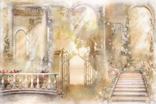 лестница, ворота, перила, свет, цветы, растительность, бежевые