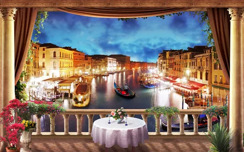 Венеция, ночная Венеция, вид на Венецию, ночь, город, эксклюзивные, синие, голубые, коричневые, бежевые, малиновые, белые, терраса, ночной город, вечер, балкон, гондола, цветы, столик