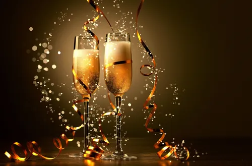 бокал, шампанское, лента, новый год, боке, черные, желтые, коричневые