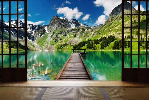 горы, пирс, озеро, природа, дверь, коричневые, зеленые, голубые, синие, HD