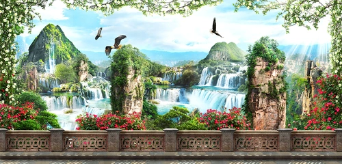 горы, гора, панорама, водопад, пейзаж, орел, птицы, цветы, голубые, зеленые, бежевые