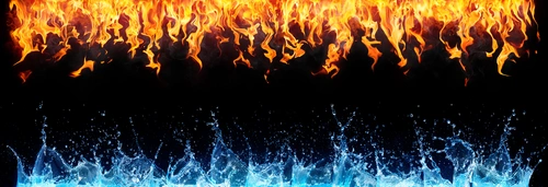 огонь, вода, пламя, брызги, противостояние, оранжевые, чёрные, голубые
