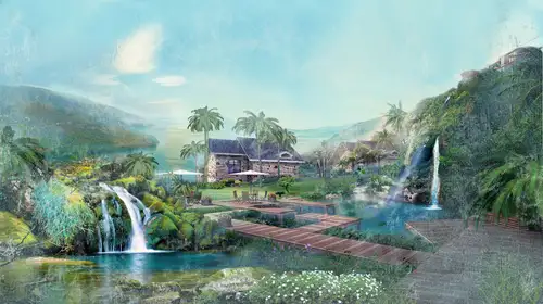 дом, домик, водопад, море, горы, пальмы, панорама, голубой, зеленый, бирюзовый, голубые, зеленые, бирюзовые