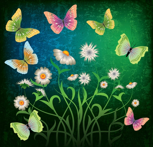 цветы, бабочки, ромашки, вектор, зелёные, синие, жёлтые