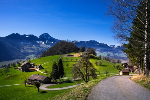 горы, холмы, дорога, швейцария, серые, зеленые, синие 
