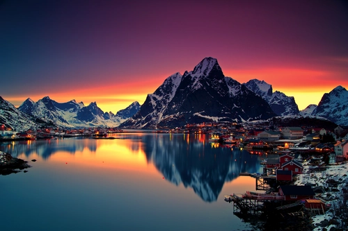 фьорд, горы, закат, желтые, красные, фиолетовые, норвегия