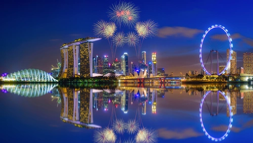 сингапур, залив, небо, салют, небоскрёбы, ночь, отражение, синие, коричневые