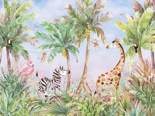 детские, дети, в детскую, зебра, жираф, обезьяна, фламинго, тукан, попугай, пальма, пальмы, зеленые, голубые, деревья, животные, птицы, джунгли, природа