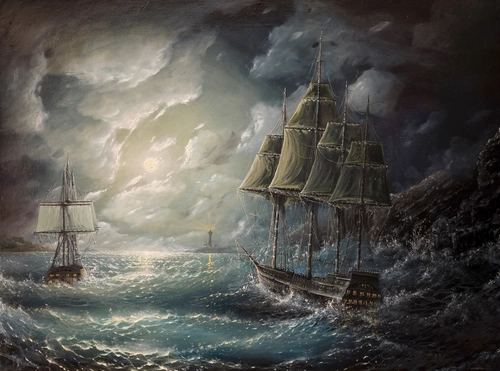 шторм, океан, корабли, синие, темные, черные, бежевые, картина, живопись