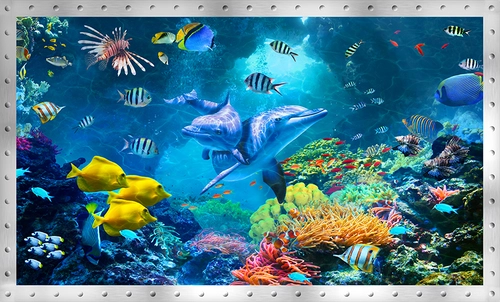 подводный мир, рыбы, дельфин, кораллы, потолок, потолочные, синие