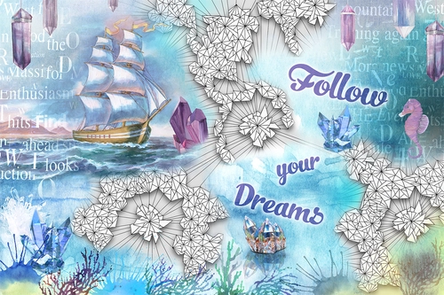 карта, корабль, кристалы, надписи, морской конёк, голубые, белые, фиолетовые