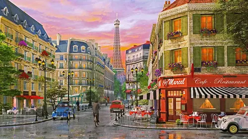Париж, город, улица, дома, машины, кафе, ресторан, эйфелева башня, столики, стол, стул, велосипедист, фонарь, окна, цветы, бежевые, красные, синие, 