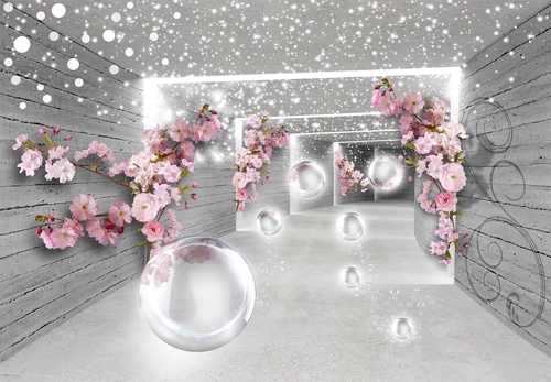 квадратный тунель, цветы, мыльные пузыри, свет, серые, розовые