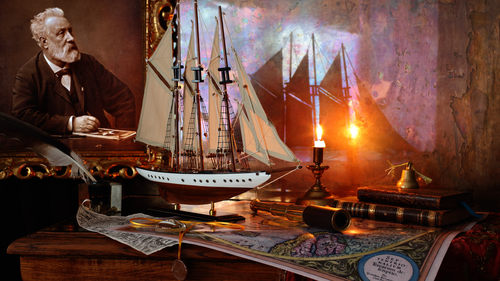 натюрморт, кораблик, свеча, подзорная труба, карта, книги, коричневые, бежевые, тёплые тона