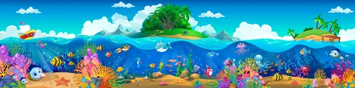 детские, мультяшки, подводный мир, панорама, море, рыбы, остров, острова, облака, синий, голубой
