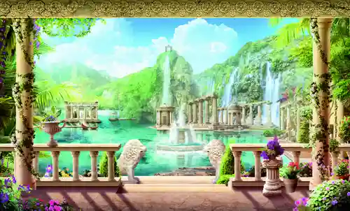 панорама, фонтан, море, терраса, зеленый, голубой, бежевый, колонны, колонна, горы, деревья, цветы, лев, львы, скульптура