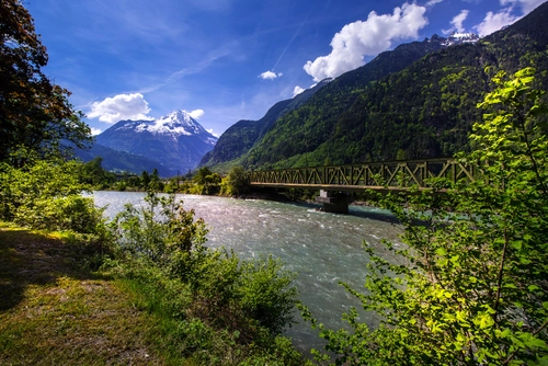 река, мост, природа, лес, Швейцария, синие, зеленые