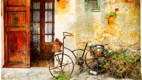 дом, стена, дверь, велосипед, трава, жёлтые, коричневые