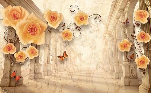 цветы, розы, бабочки, тунель, колонны, бежевые, оранжевые
