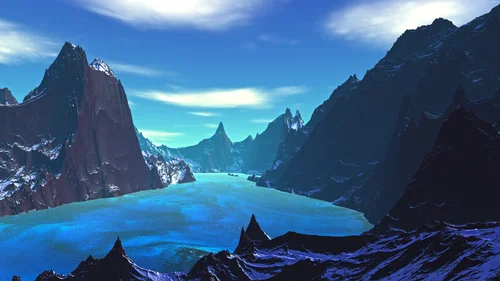 озеро, горы, вершины, синие, голубые, темные, 3д, графика