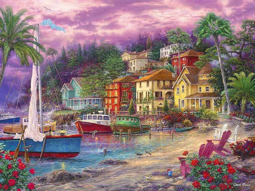 город, берег, набережная, причал, лодка, лодки, лежаки, пляж, цветы, вода, река, море, пальмы, розовые, бежевые, зеленые