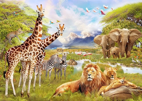 детские, природа, хищник, лев, жираф, сафари, зебра, слон, тигр, птицы, горы, небо, облака, трава, вода, желтый, коричневый, серый, черный, белый, фламинго, бегемот, розовый