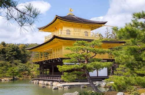 пагода, дом, река, природа, япония, белые, желтые, зеленые, синие