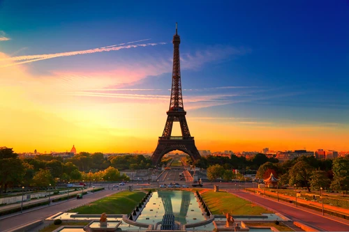 Эйфелева башня, архитектура, Париж, рассвет, город, синие, желтые
