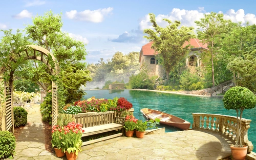 река, дом, лодка, арки, цветы, деревья, голубые, зеленые, коричневые, HD