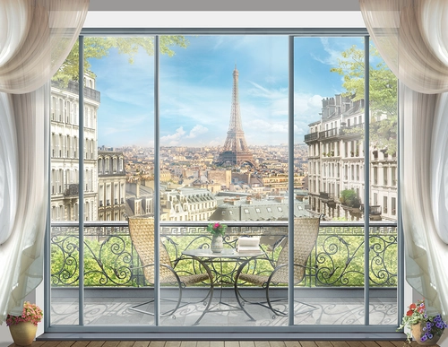 окно, Париж, эйфелева башня, город, дома, балкон, столик, стулья, шторы