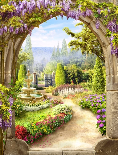 арка, камень, виноград, цветы, зеленые, серые, фиолетовые, HD