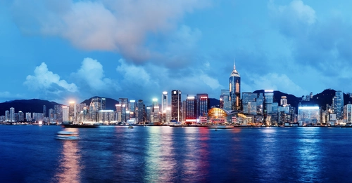 Гонгконг, город, дома, небоскрёбы, море, небо, голубые