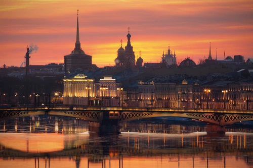 Россия, Санкт-Петербург, закат, мост, огни, жёлтые, розовые