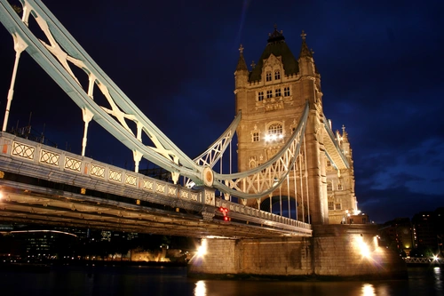 лондон, тауэрский мост, ночь, река, небо, бежевые, синие