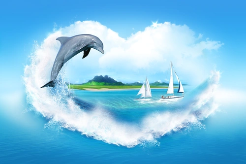 дельфин, яхта, парусник, облака, волны, море, остров, голубые, синие, белые, сердце
