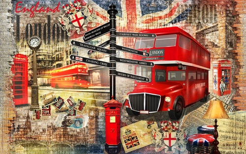 лондон, автобусы, дома, экскурсия, указатели, флаг, красные, бежевые