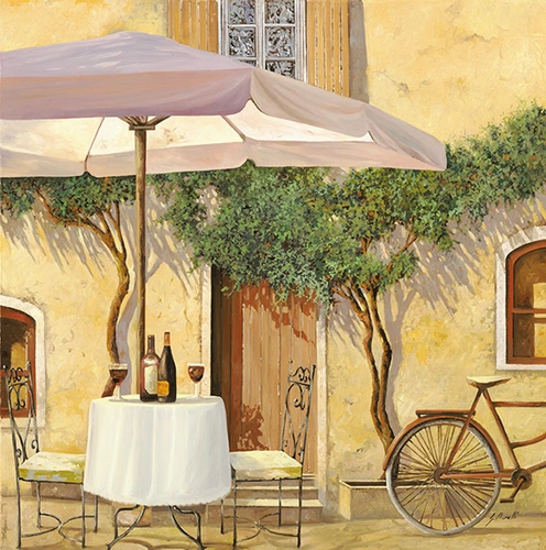 город, кафе, стол, столик, стулья, вино, зонт, велосипед, деревья, дом, желтые