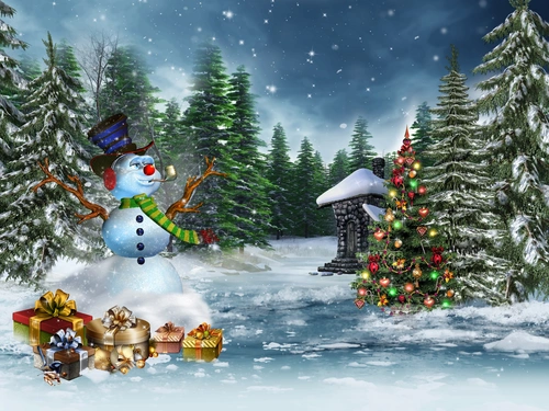 снеговик, зима, новый год, подарки, зеленые, белые, красные