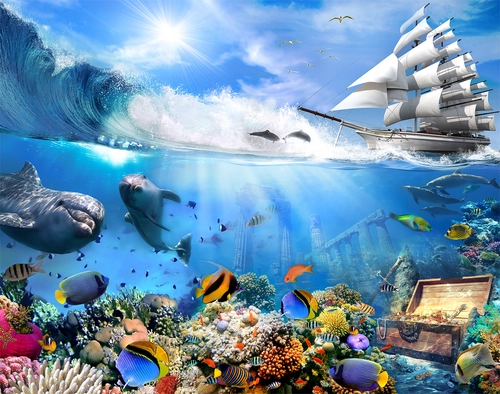 море, небо, корабль, дно, рыбы, солнце, сундук с сокровищами, кораллы, голубые, белые
