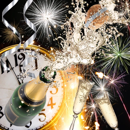 шампанское, салют, новый год, часы, праздник, желтые, черные, бежевые