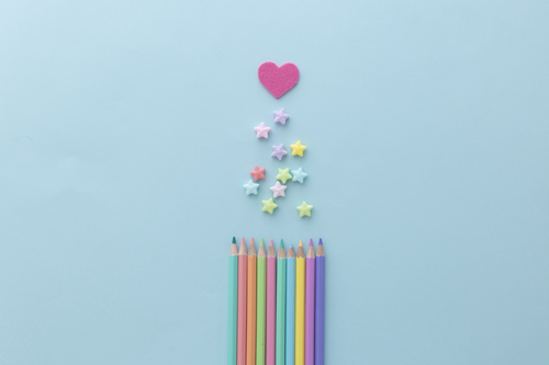 карандаши, цветные карандаши, звезды, сердце, разноцветные, голубые