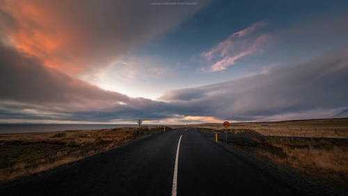 Исландия, закат, дорога, равнина, небо, облака, серые, голубые, бежевые