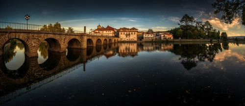 Португалия, река, мост, дома, панорама, синие, бежевые