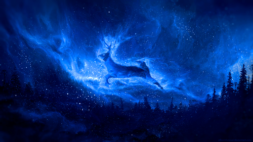 ночь, небо, звёзды, лес, олень, синие, созвездие