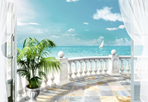 балкон,  море, небо, растение в горшке, выход, перила, белые, голубые, зелёные