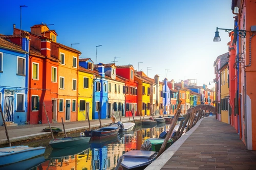 Италия, дома, лодки, венеция, канал, улица, жёлтые, красные, синие