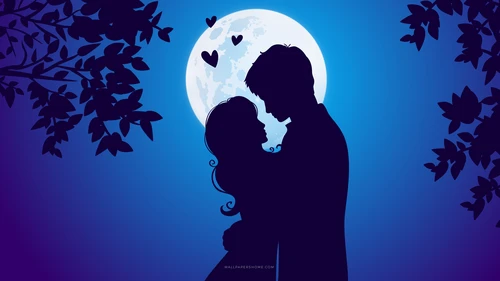 ночь, луна, влюблённая пара, небо, деревья, синие, чёрные
