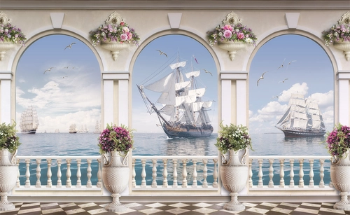 арки, балкон, море, корабли, небо, цветы, белые, голубые