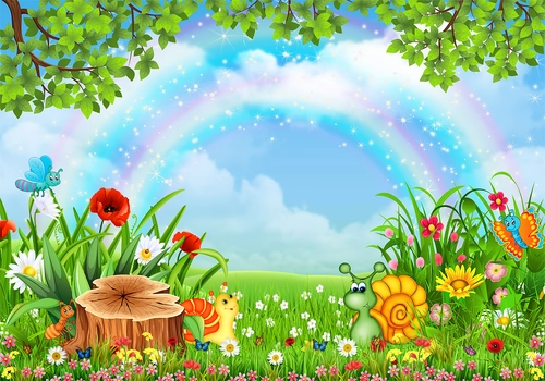 детские, радуга, небо, улитки, поляна, трава, цветы, пень, деревья, голубые, зелёные