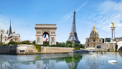 франция, париж, эйфелева башня, триумфальная арка, собор, водоём, небо, голубые, бежевые